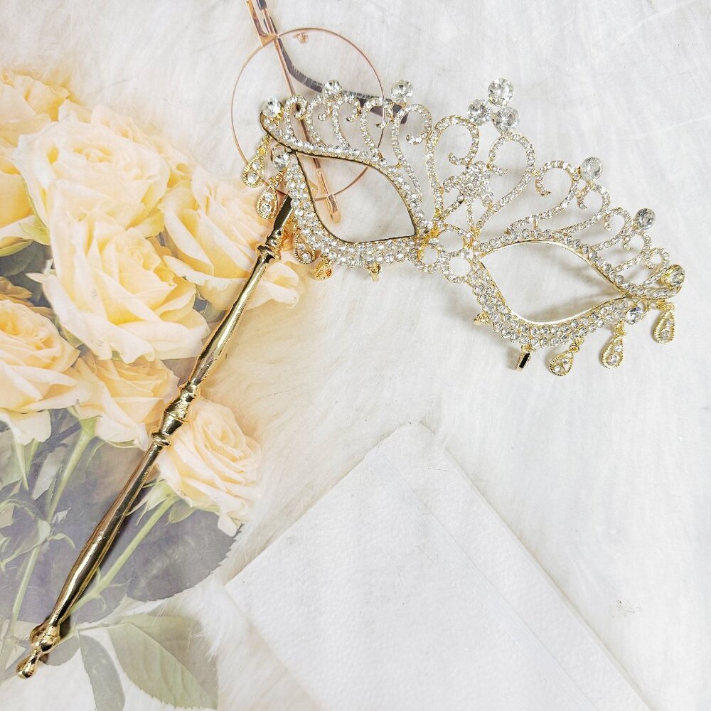 Gold masquerade Stick mask, Masquerade ball mask, Homecoming prom crystal mask